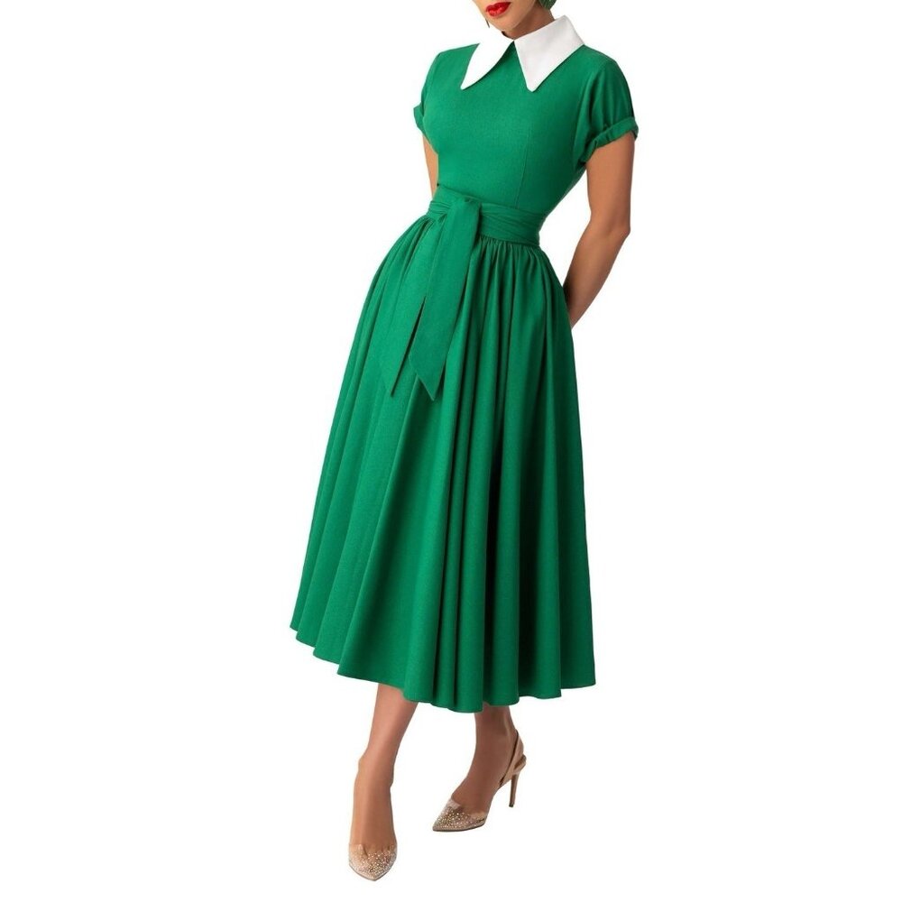 FKSP "Brigitta" Green Pointed Collar Swing Dress Size XXS‎ 1940’s